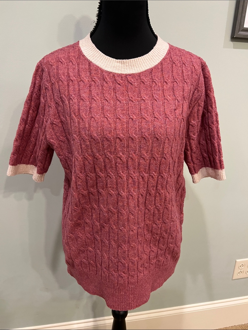 Short-Sleeve Cable Crew Sweater in Dusty Rose with Cream Trim-NWOT